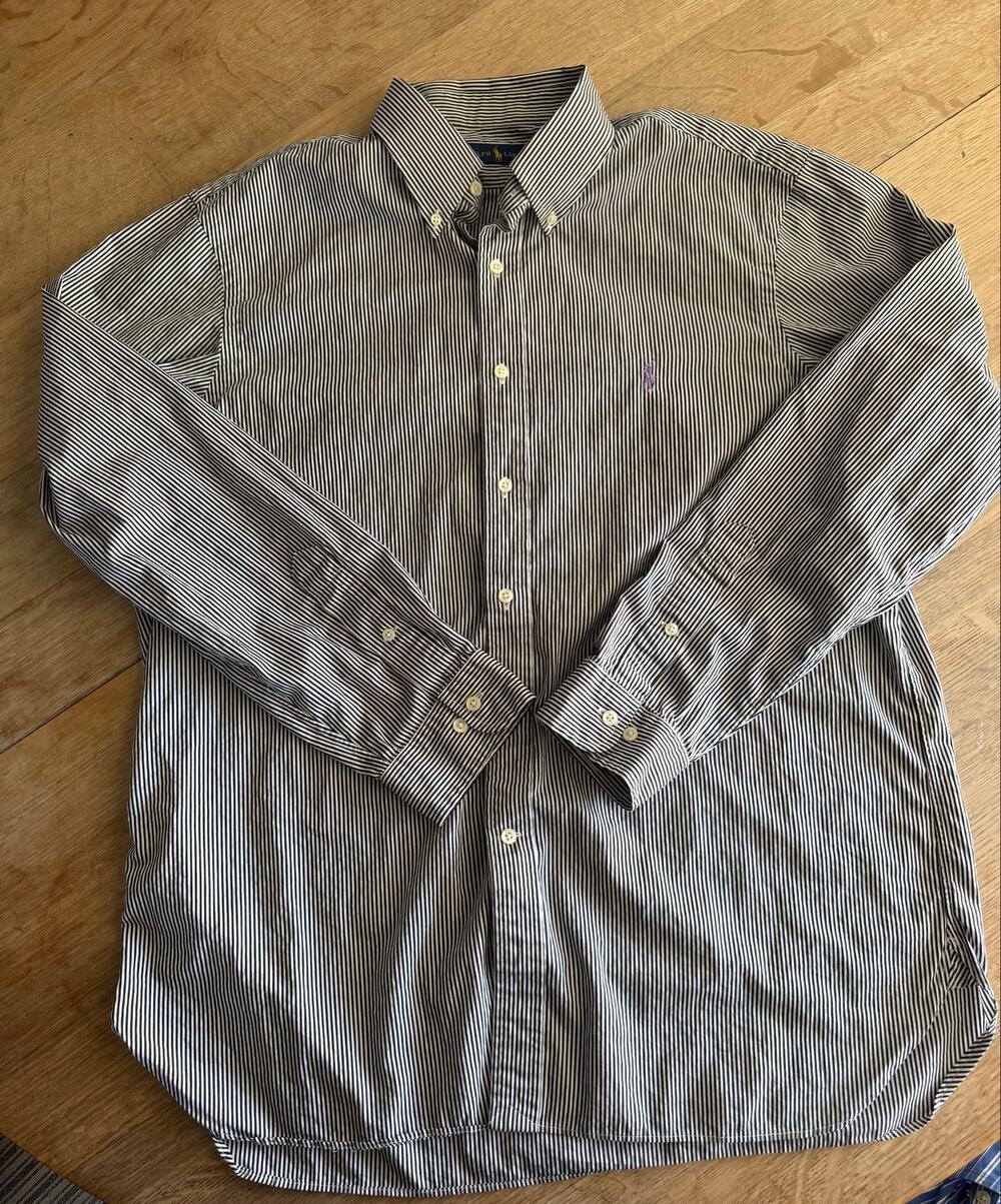 Ralph Lauren Size 17 XL Blue/White Striped Button-Down Long Sleeve Shirt Cotton